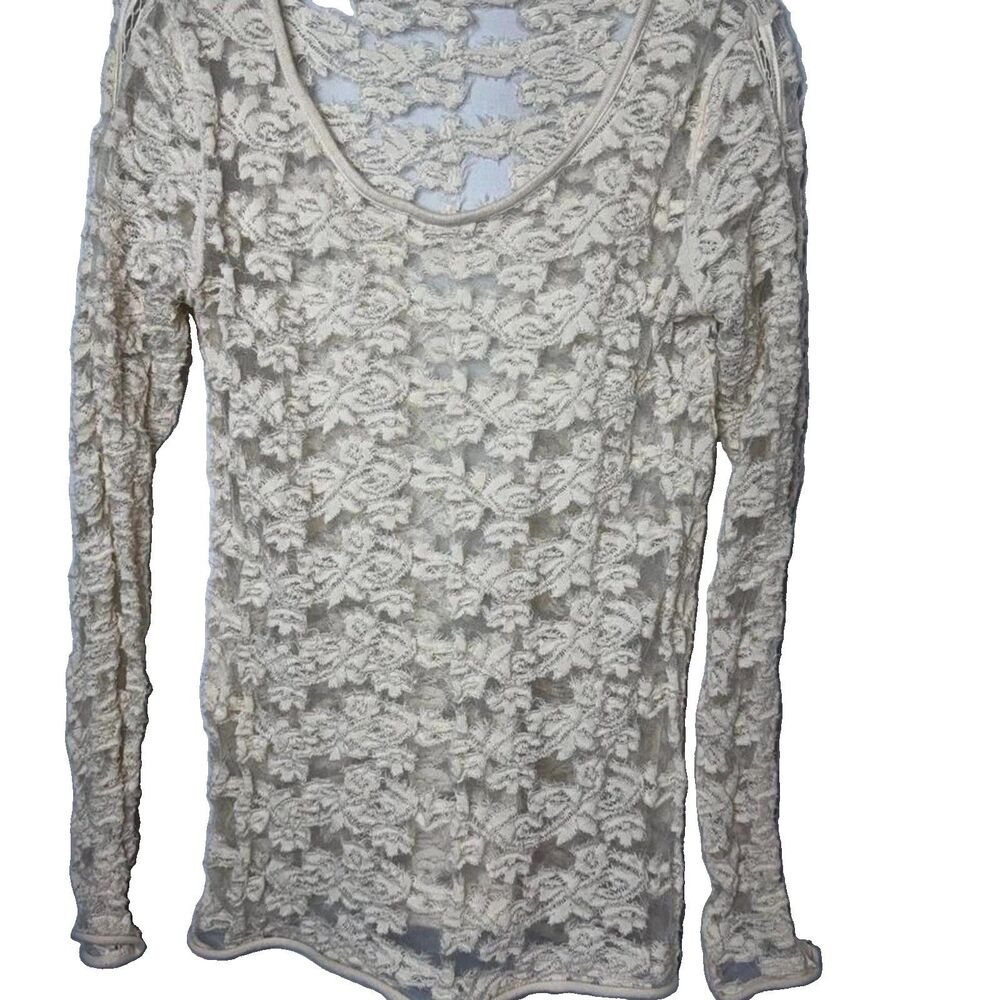 Free People Women's Cream White Floral Long Sleeve Blouse Top Large